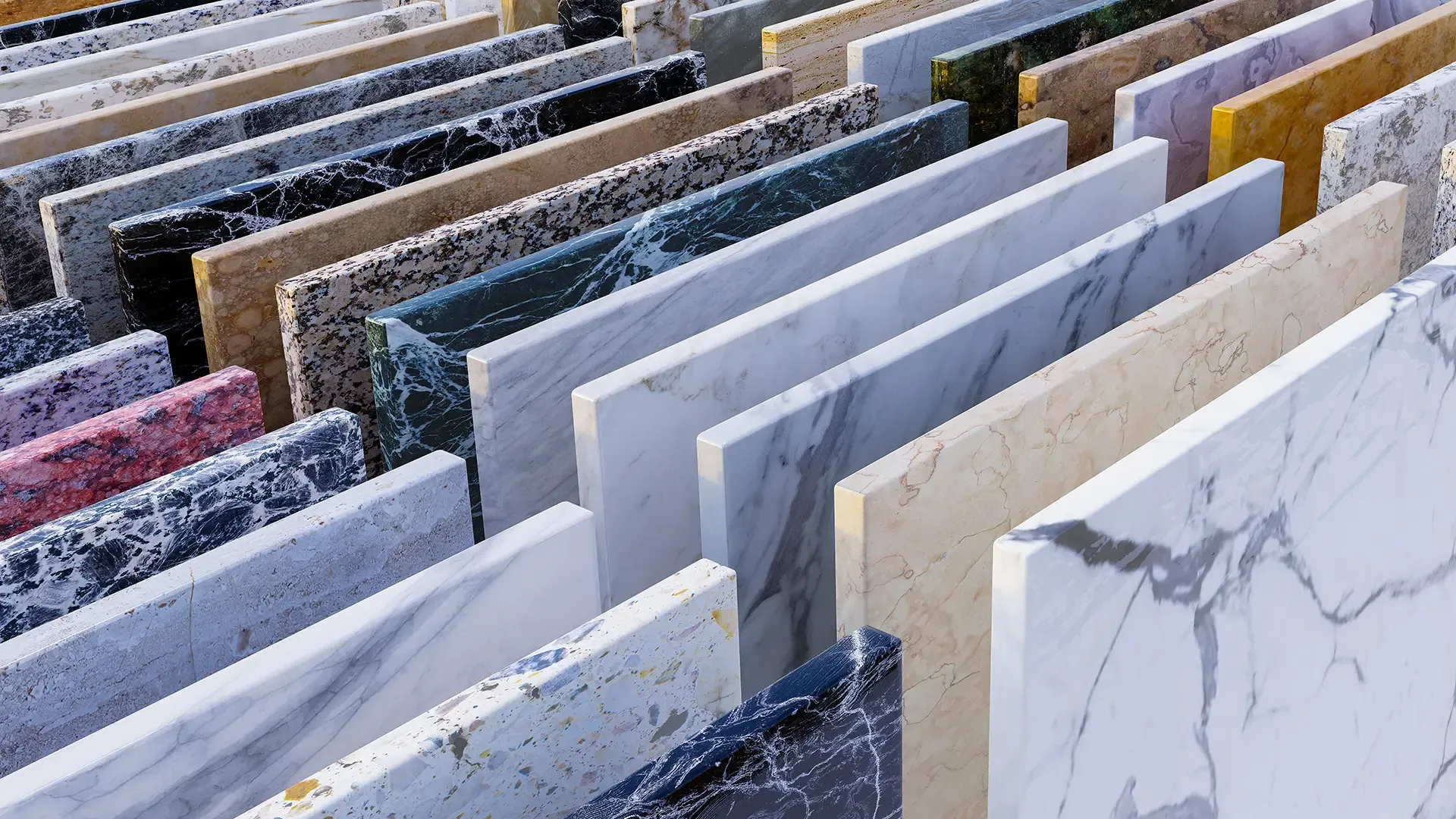 Stacked marble and stone tile slabs
